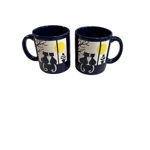 2 Vintage Waechtersbach Cats in Window Moon Coffee Mug Cup Blue West Germany